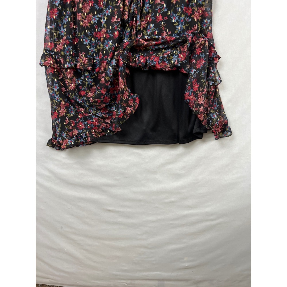 BCX Floral Tiered Mini Dress Women XL Black Red Gold Metallic V-Neck Ruffle - Picture 3 of 11